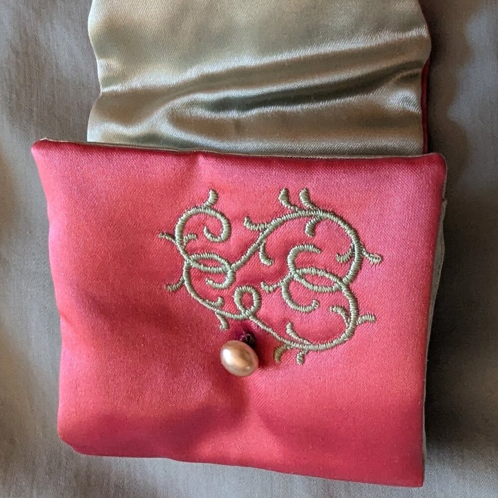 Rare Elsa Schiaparelli Shocking Pink vintage embroidered silk jewelry pouch.